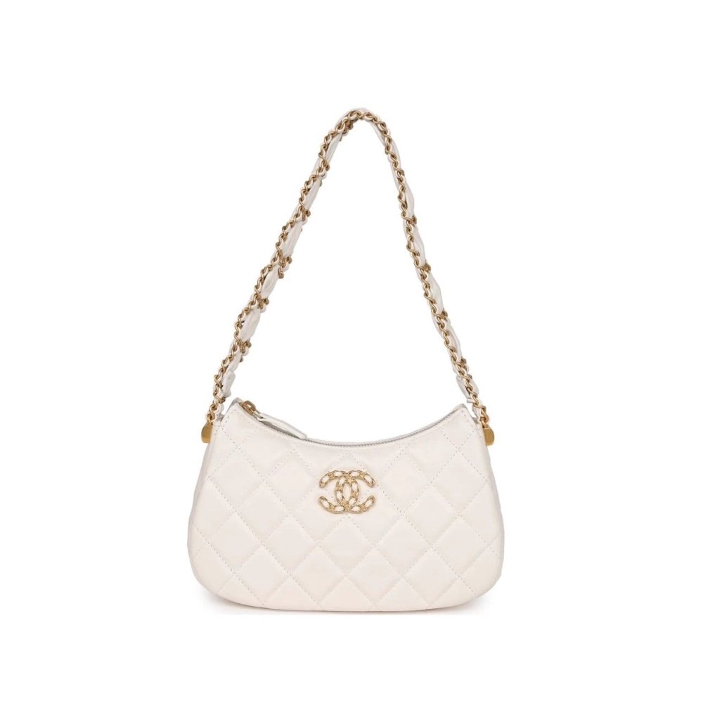 Chanel 19 Hobo Bag White Aged Calfskin Brushed Gold Hardware,CHANEL,BAGS