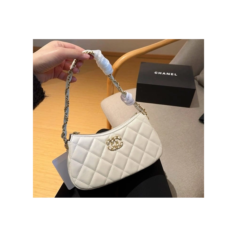 Chanel 19 Hobo Bag White Aged Calfskin Brushed Gold Hardware,CHANEL,BAGS