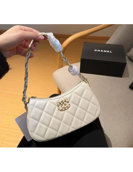 Chanel 19 Hobo Bag White Aged Calfskin Brushed Gold Hardware,CHANEL,BAGS