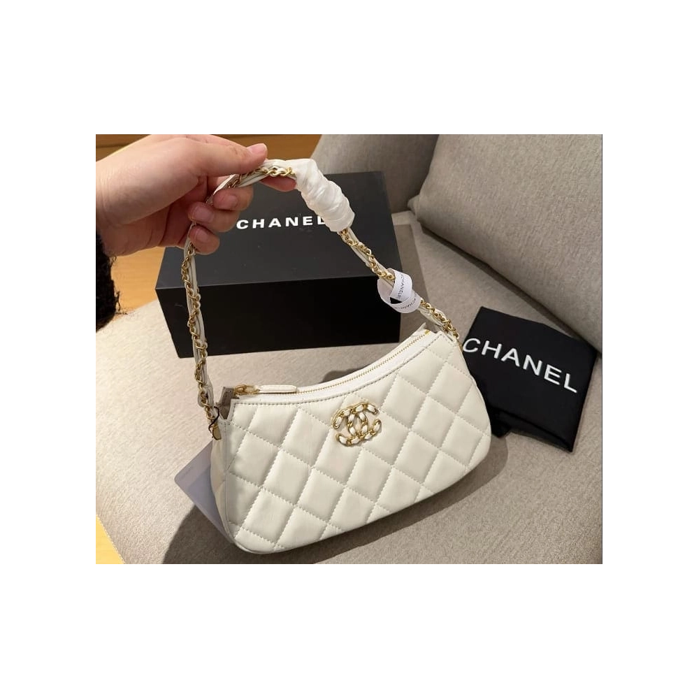 Chanel 19 Hobo Bag White Aged Calfskin Brushed Gold Hardware,CHANEL,BAGS