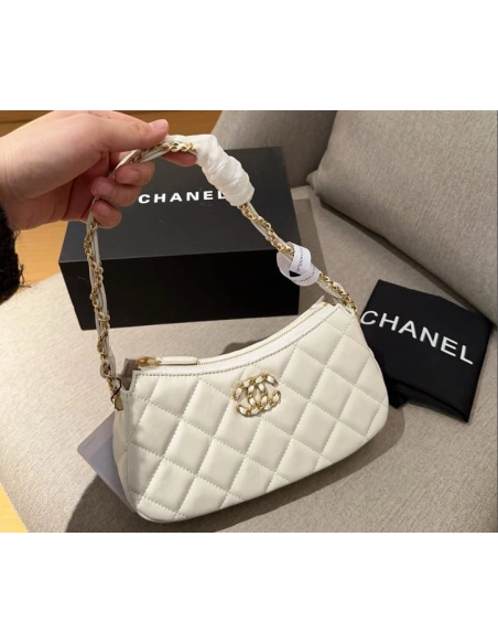 Chanel 19 Hobo Bag White Aged Calfskin Brushed Gold Hardware,CHANEL,BAGS
