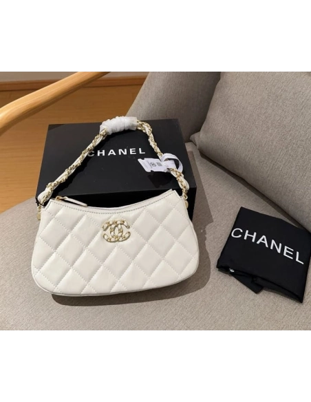 Chanel 19 Hobo Bag White Aged Calfskin Brushed Gold Hardware,CHANEL,BAGS
