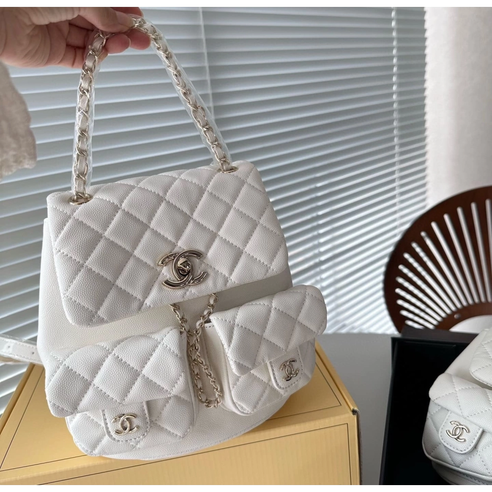 CHANEL 23K TRIPLE POCKET MINI BACKPACK CAVIAR WHITE LGHW,CHANEL,BAGS