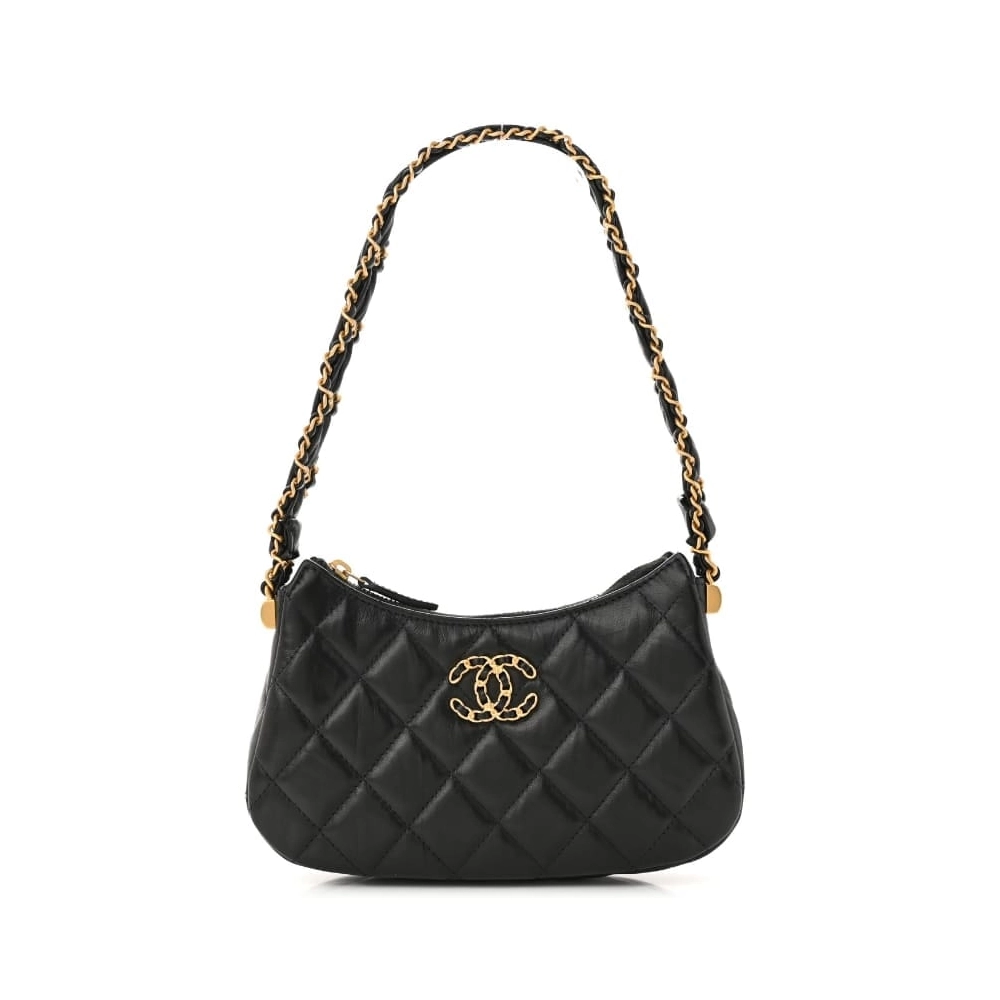 CHANEL Aged Calfskin Quilted Small Chanel 19 Hobo Black,CHANEL,BAGS