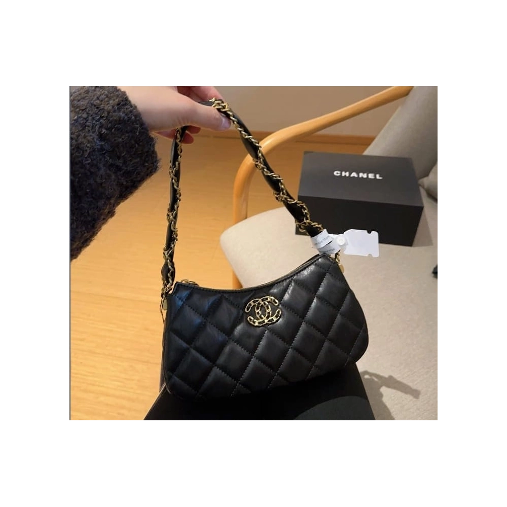 CHANEL Aged Calfskin Quilted Small Chanel 19 Hobo Black,CHANEL,BAGS