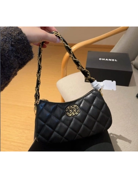 CHANEL Aged Calfskin Quilted Small Chanel 19 Hobo Black,CHANEL,BAGS