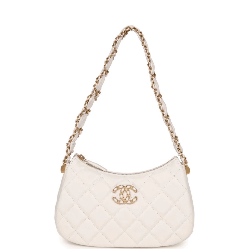 Chanel AS4422 23K Hobo Bag Lambskin Gold Metal White,CHANEL,BAGS