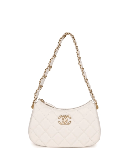 Chanel AS4422 23K Hobo Bag Lambskin Gold Metal White,CHANEL,BAGS