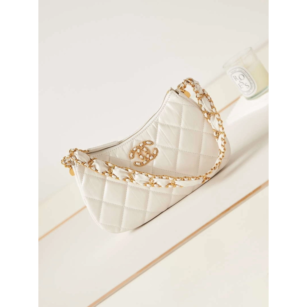 Chanel AS4422 23K Hobo Bag Lambskin Gold Metal White,CHANEL,BAGS