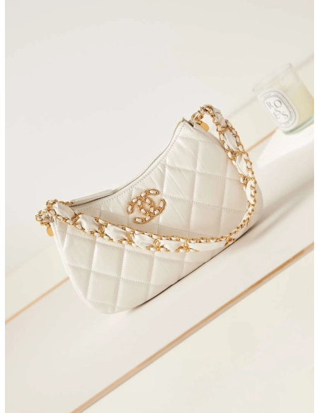 Chanel AS4422 23K Hobo Bag Lambskin Gold Metal White,CHANEL,BAGS