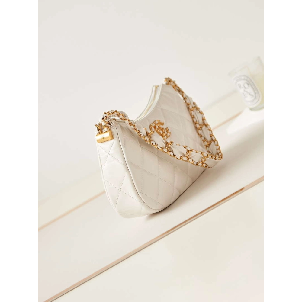 Chanel AS4422 23K Hobo Bag Lambskin Gold Metal White,CHANEL,BAGS