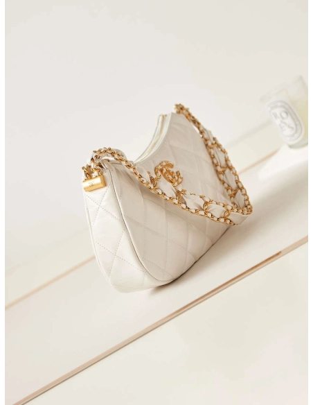 Chanel AS4422 23K Hobo Bag Lambskin Gold Metal White,CHANEL,BAGS