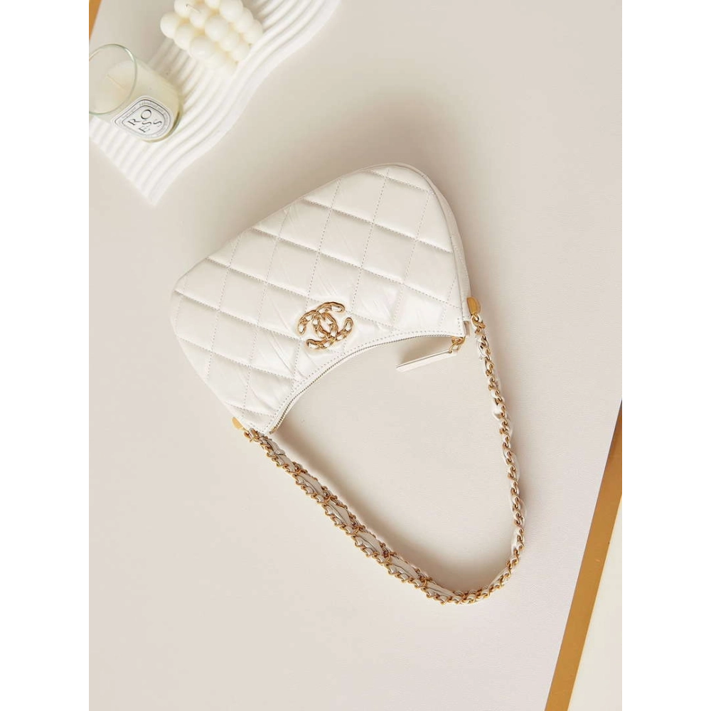 Chanel AS4422 23K Hobo Bag Lambskin Gold Metal White,CHANEL,BAGS