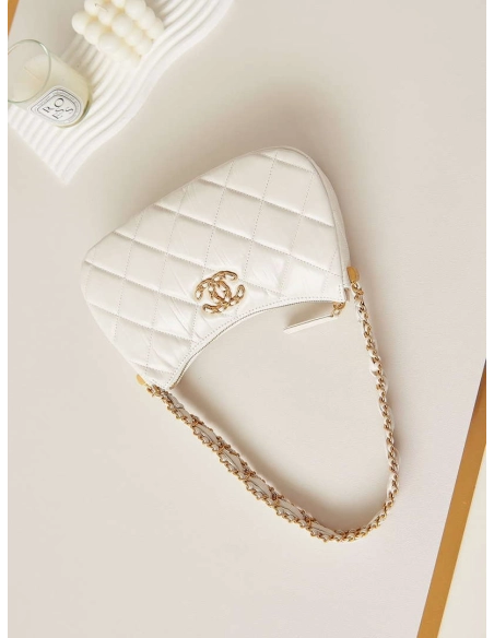 Chanel AS4422 23K Hobo Bag Lambskin Gold Metal White,CHANEL,BAGS