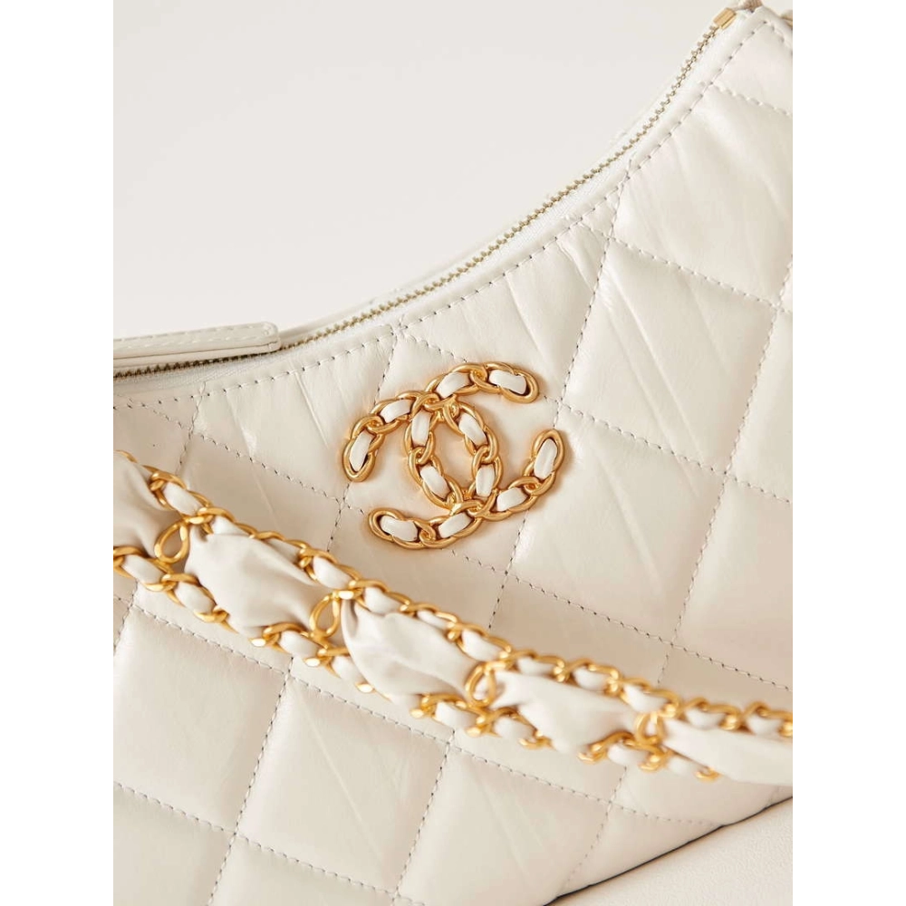 Chanel AS4422 23K Hobo Bag Lambskin Gold Metal White,CHANEL,BAGS