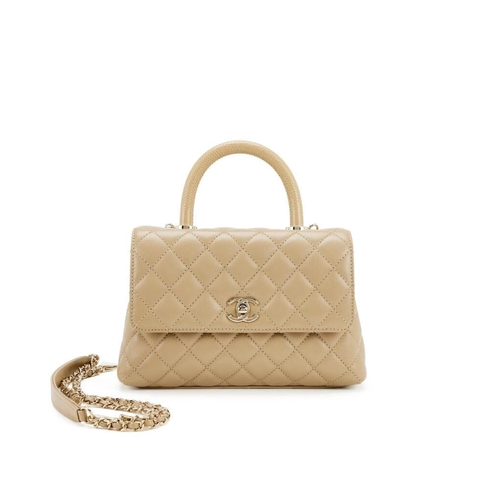 Chanel Beige Quilted Caviar Mini Coco Top Handle Pale Gold Hardware,CHANEL,BAGS