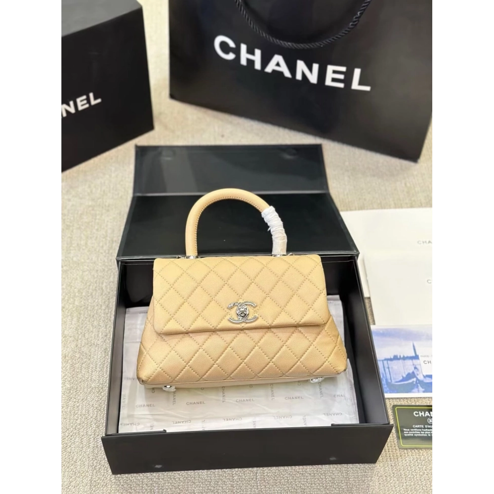 Chanel Beige Quilted Caviar Mini Coco Top Handle Pale Gold Hardware,CHANEL,BAGS