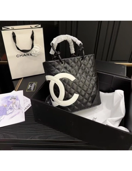 Chanel Black Quilted Lambskin Leather Medium Cambon Tote,CHANEL,BAGS