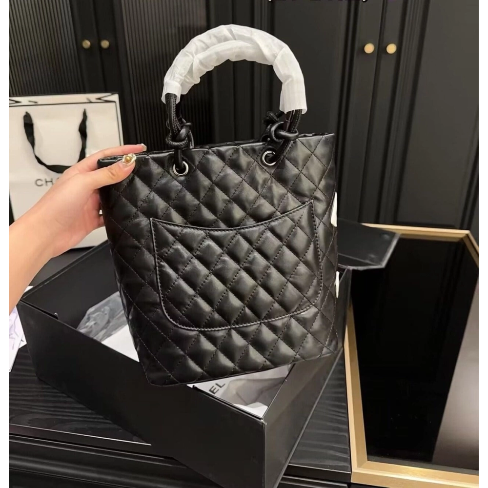 Chanel Black Quilted Lambskin Leather Medium Cambon Tote,CHANEL,BAGS