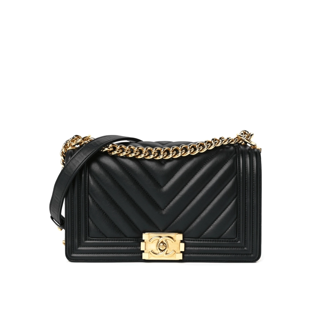 CHANEL Calfskin Chevron Quilted Medium Boy Flap Black,CHANEL,BAGS