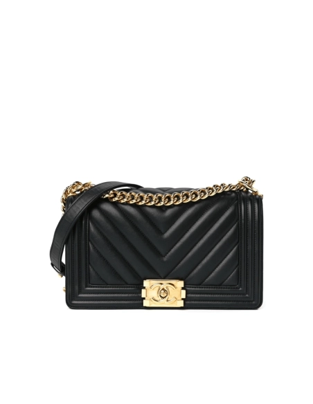 CHANEL Calfskin Chevron Quilted Medium Boy Flap Black,CHANEL,BAGS