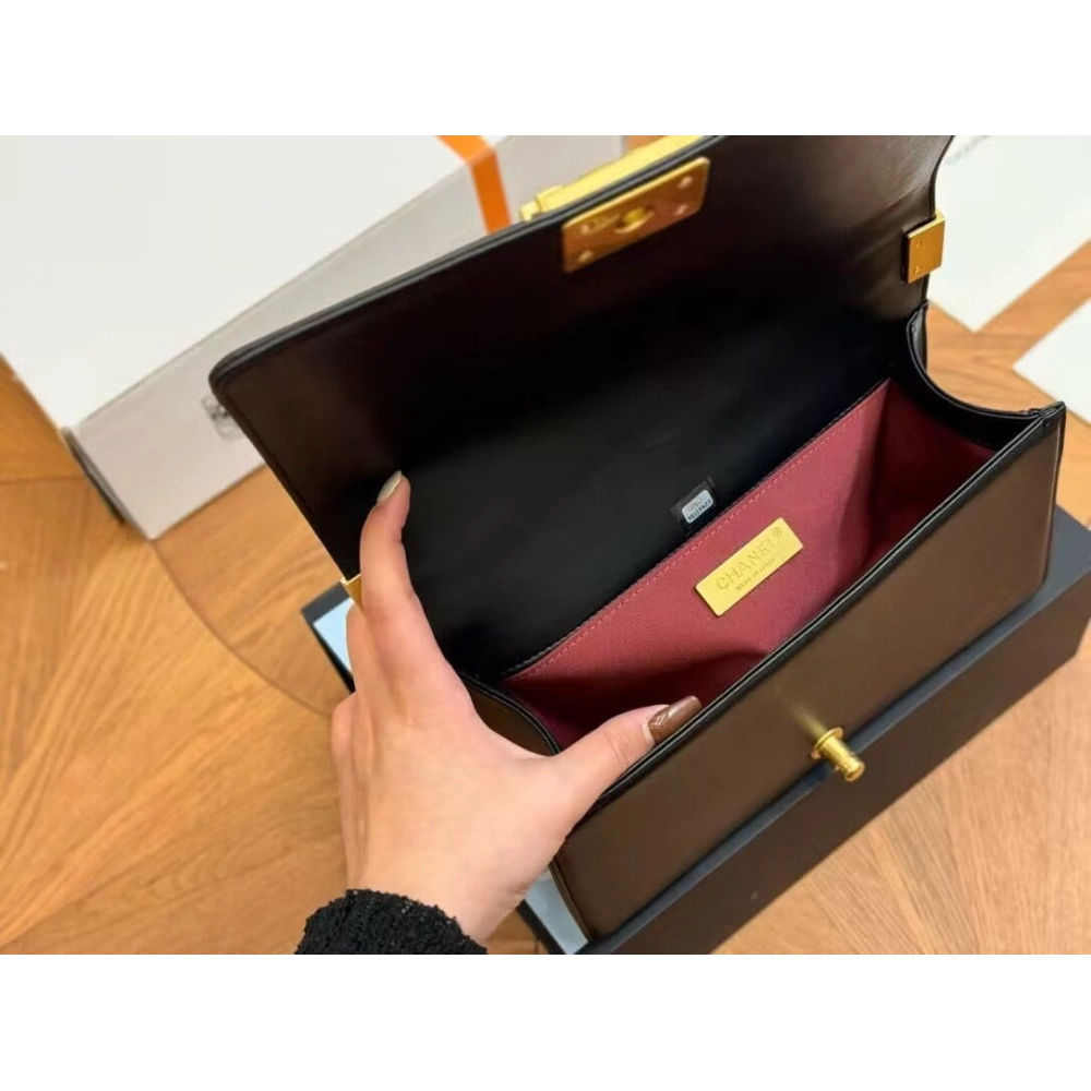 CHANEL Calfskin Chevron Quilted Medium Boy Flap Black,CHANEL,BAGS