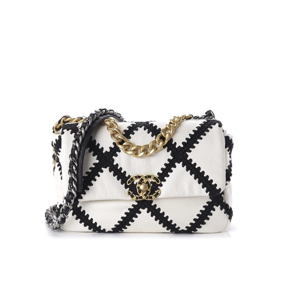 CHANEL Calfskin Crochet Medium Chanel 19 Flap White Black,CHANEL,BAGS