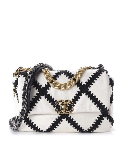 CHANEL Calfskin Crochet Medium Chanel 19 Flap White Black,CHANEL,BAGS