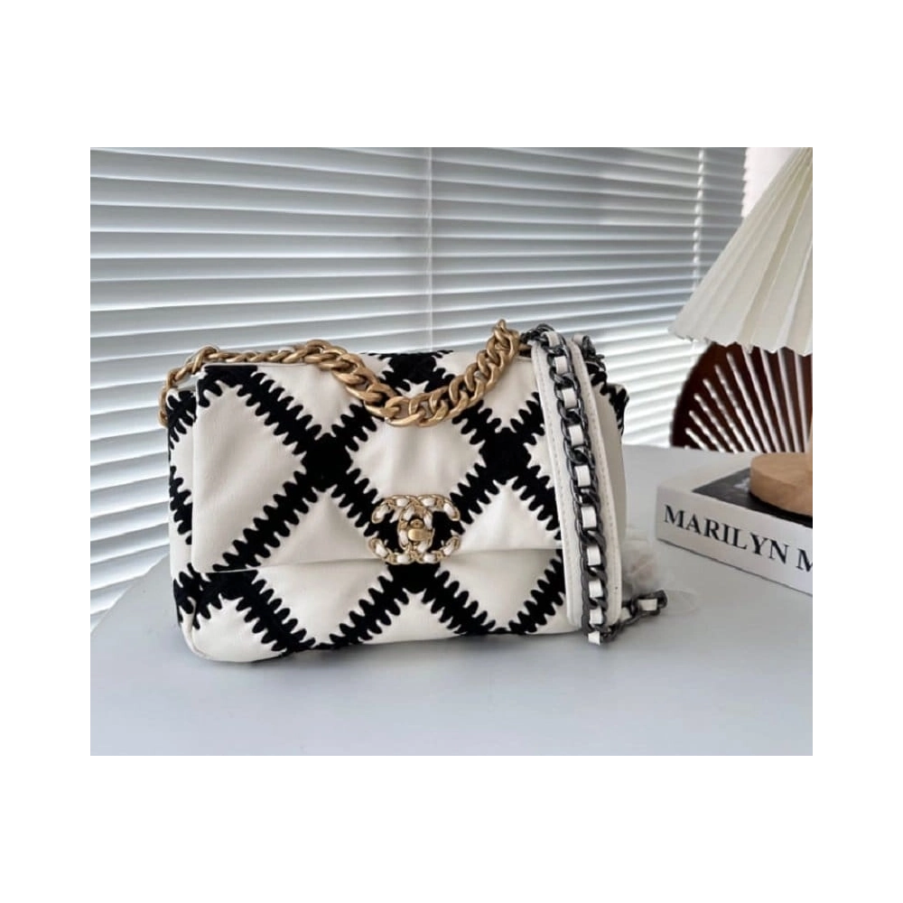 CHANEL Calfskin Crochet Medium Chanel 19 Flap White Black,CHANEL,BAGS