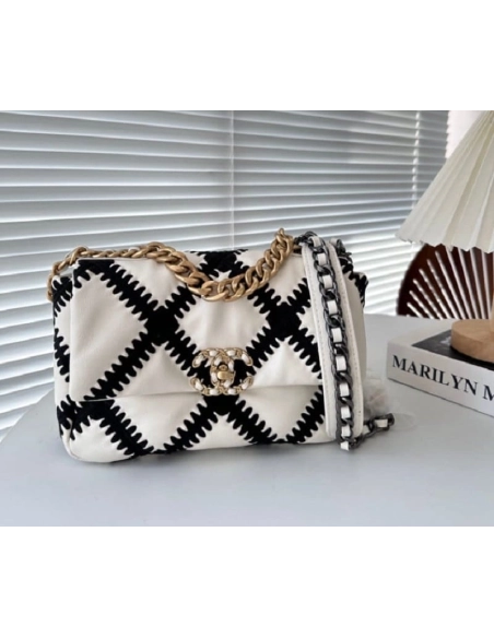 CHANEL Calfskin Crochet Medium Chanel 19 Flap White Black,CHANEL,BAGS