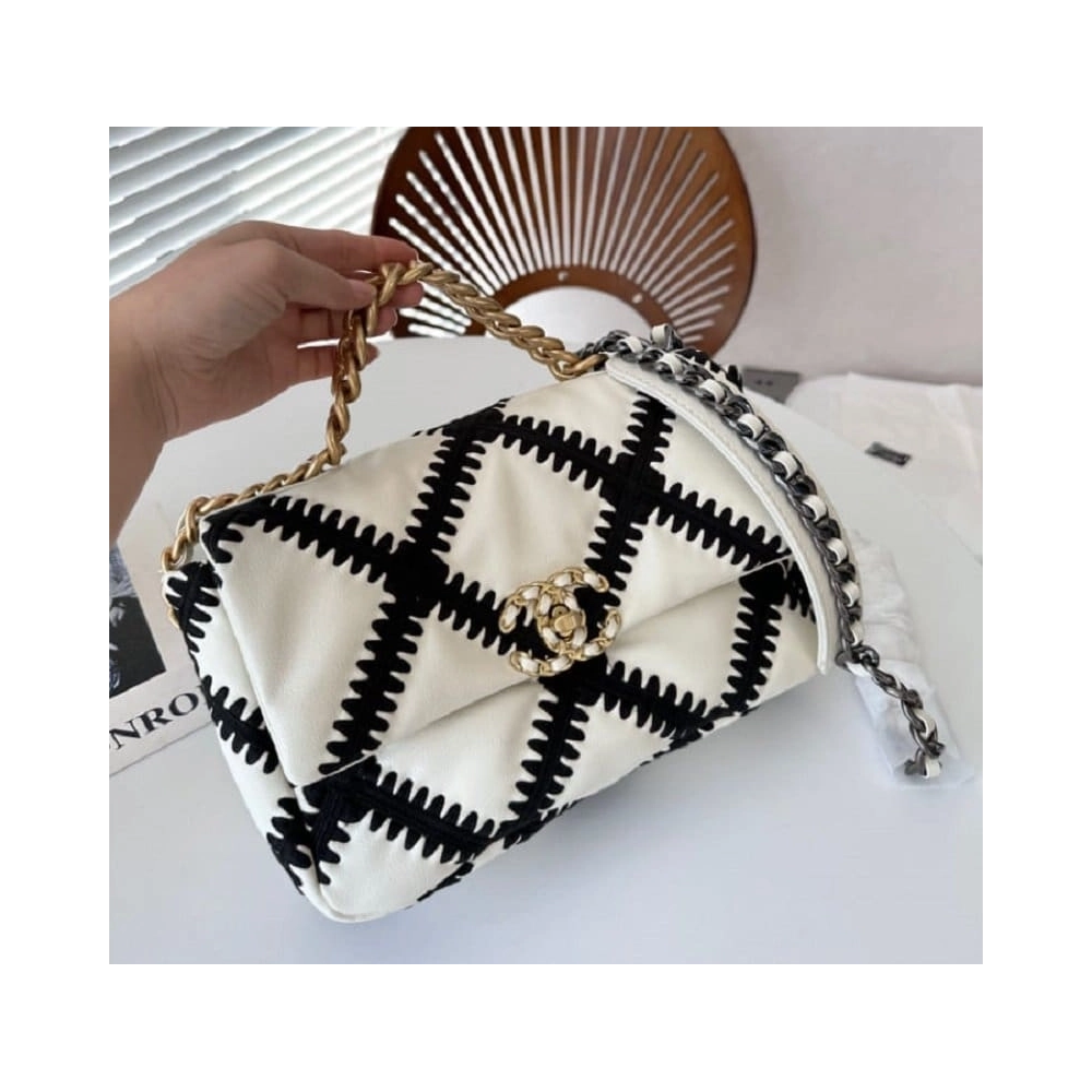 CHANEL Calfskin Crochet Medium Chanel 19 Flap White Black,CHANEL,BAGS