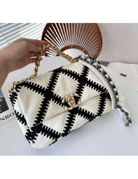 CHANEL Calfskin Crochet Medium Chanel 19 Flap White Black,CHANEL,BAGS