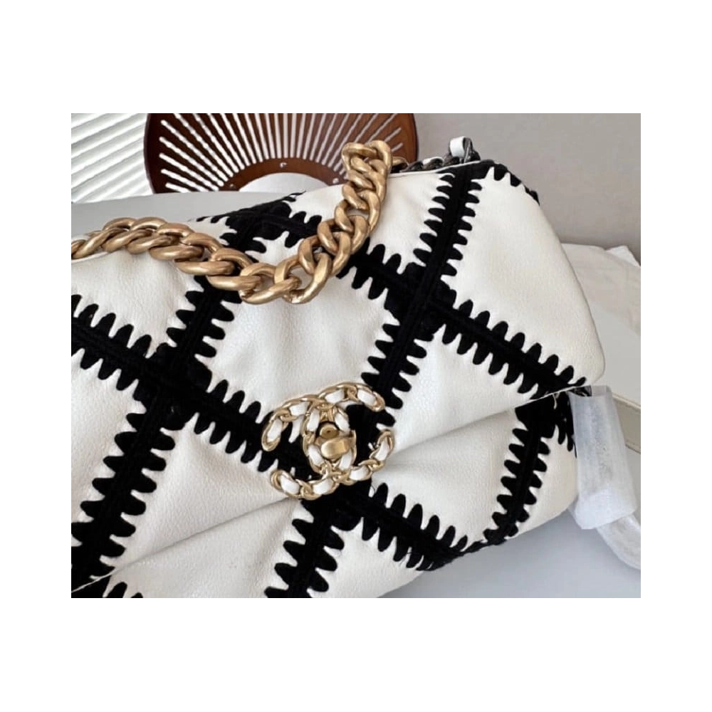 CHANEL Calfskin Crochet Medium Chanel 19 Flap White Black,CHANEL,BAGS