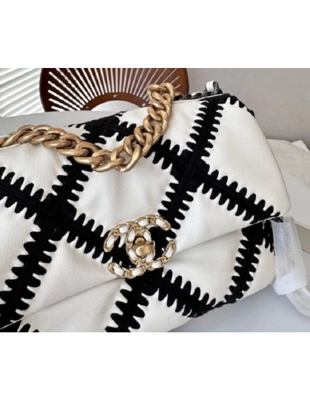 CHANEL Calfskin Crochet Medium Chanel 19 Flap White Black,CHANEL,BAGS