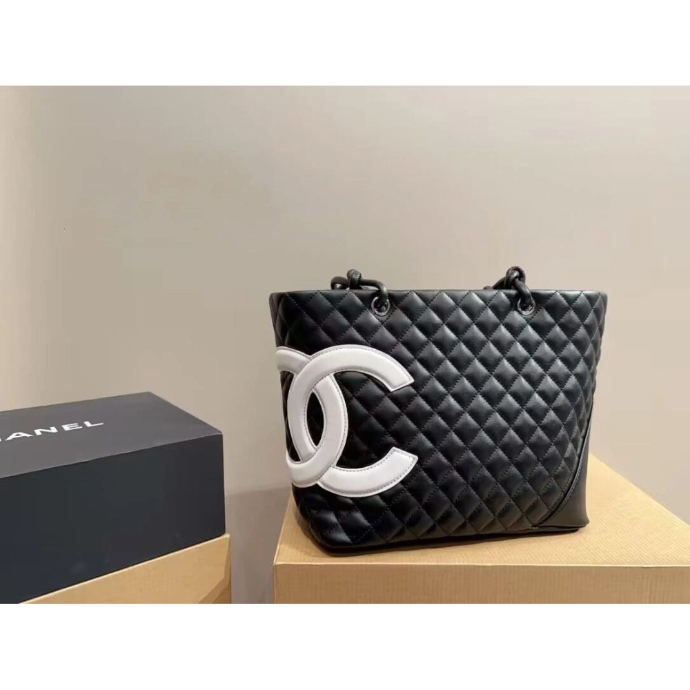 CHANEL Calfskin Quilted Large Cambon Tote Black White,CHANEL,BAGS