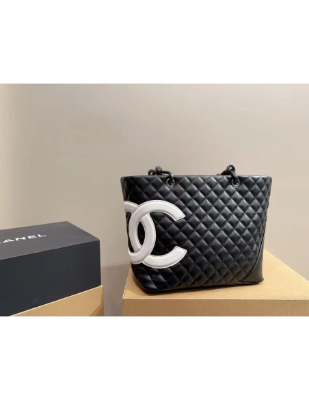 CHANEL Calfskin Quilted Large Cambon Tote Black White,CHANEL,BAGS