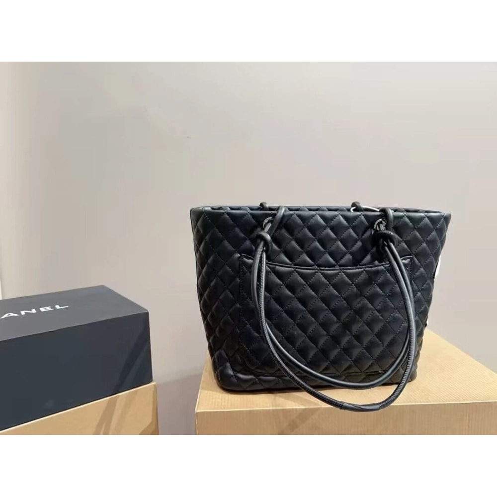 CHANEL Calfskin Quilted Large Cambon Tote Black White,CHANEL,BAGS