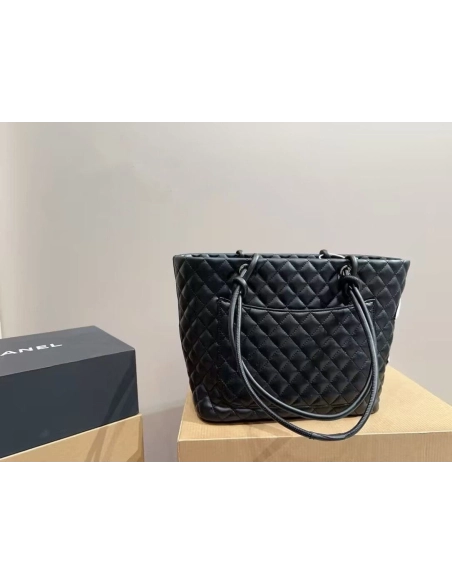 CHANEL Calfskin Quilted Large Cambon Tote Black White,CHANEL,BAGS