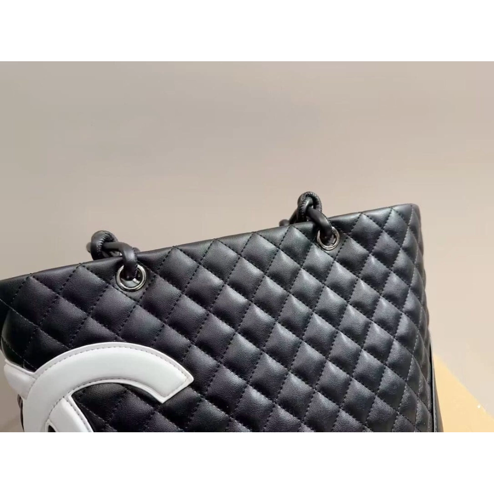 CHANEL Calfskin Quilted Large Cambon Tote Black White,CHANEL,BAGS