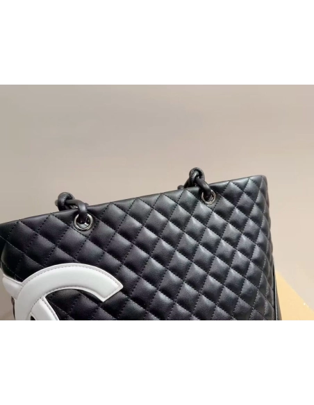 CHANEL Calfskin Quilted Large Cambon Tote Black White,CHANEL,BAGS
