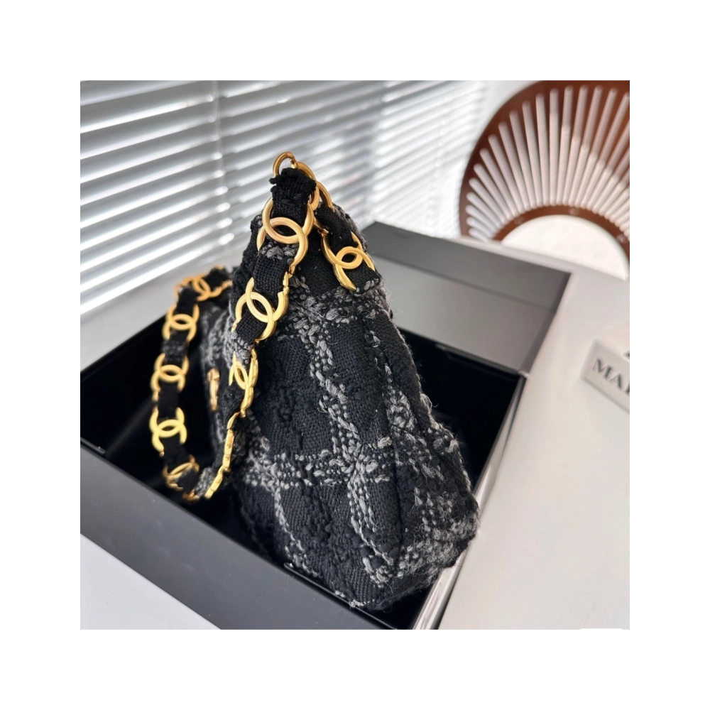 CHANEL Cashmere Tweed Quilted Hobo Black Grey,CHANEL,BAGS