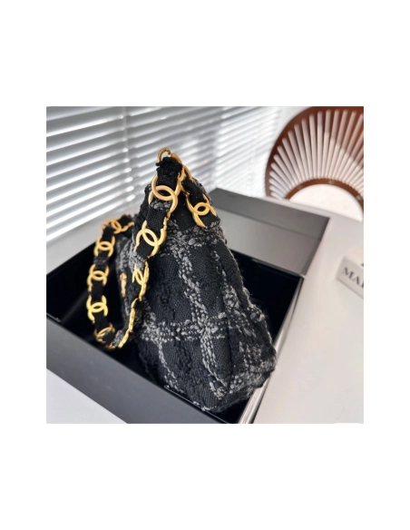 CHANEL Cashmere Tweed Quilted Hobo Black Grey,CHANEL,BAGS