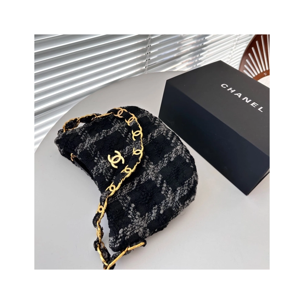 CHANEL Cashmere Tweed Quilted Hobo Black Grey,CHANEL,BAGS