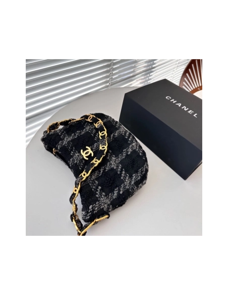 CHANEL Cashmere Tweed Quilted Hobo Black Grey,CHANEL,BAGS