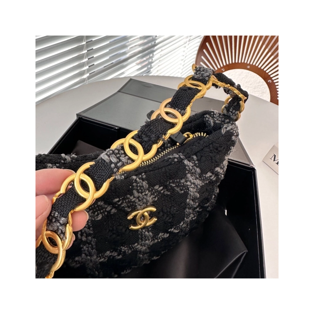 CHANEL Cashmere Tweed Quilted Hobo Black Grey,CHANEL,BAGS