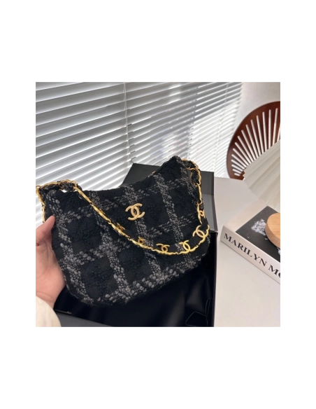 CHANEL Cashmere Tweed Quilted Hobo Black Grey,CHANEL,BAGS