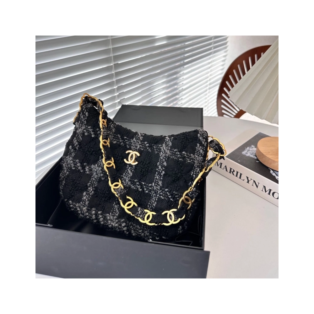 CHANEL Cashmere Tweed Quilted Hobo Black Grey,CHANEL,BAGS