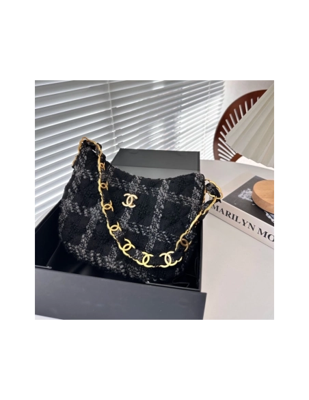 CHANEL Cashmere Tweed Quilted Hobo Black Grey,CHANEL,BAGS