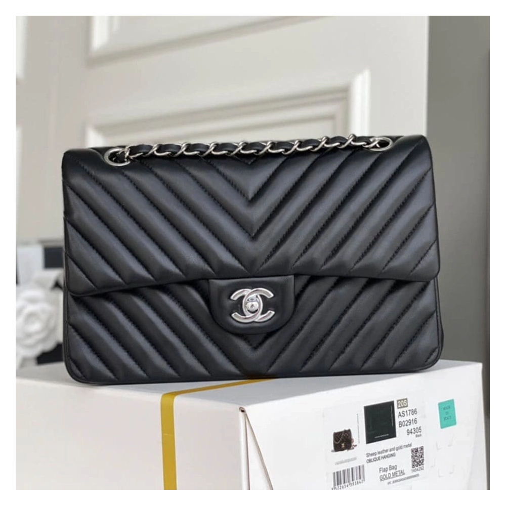 Chanel Classic Chevron Tweed Medium Flap Silver,CHANEL,BAGS