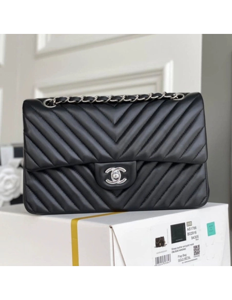 Chanel Classic Chevron Tweed Medium Flap Silver,CHANEL,BAGS